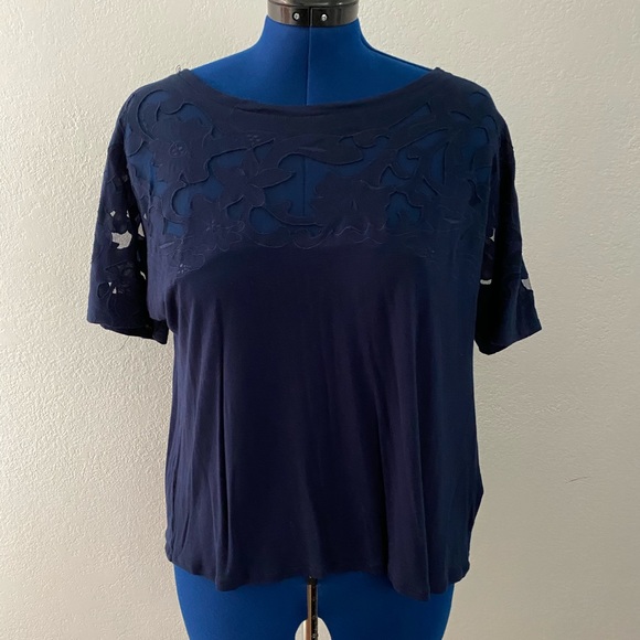 Anthropologie navy blue lace appliqué top - Picture 4 of 6